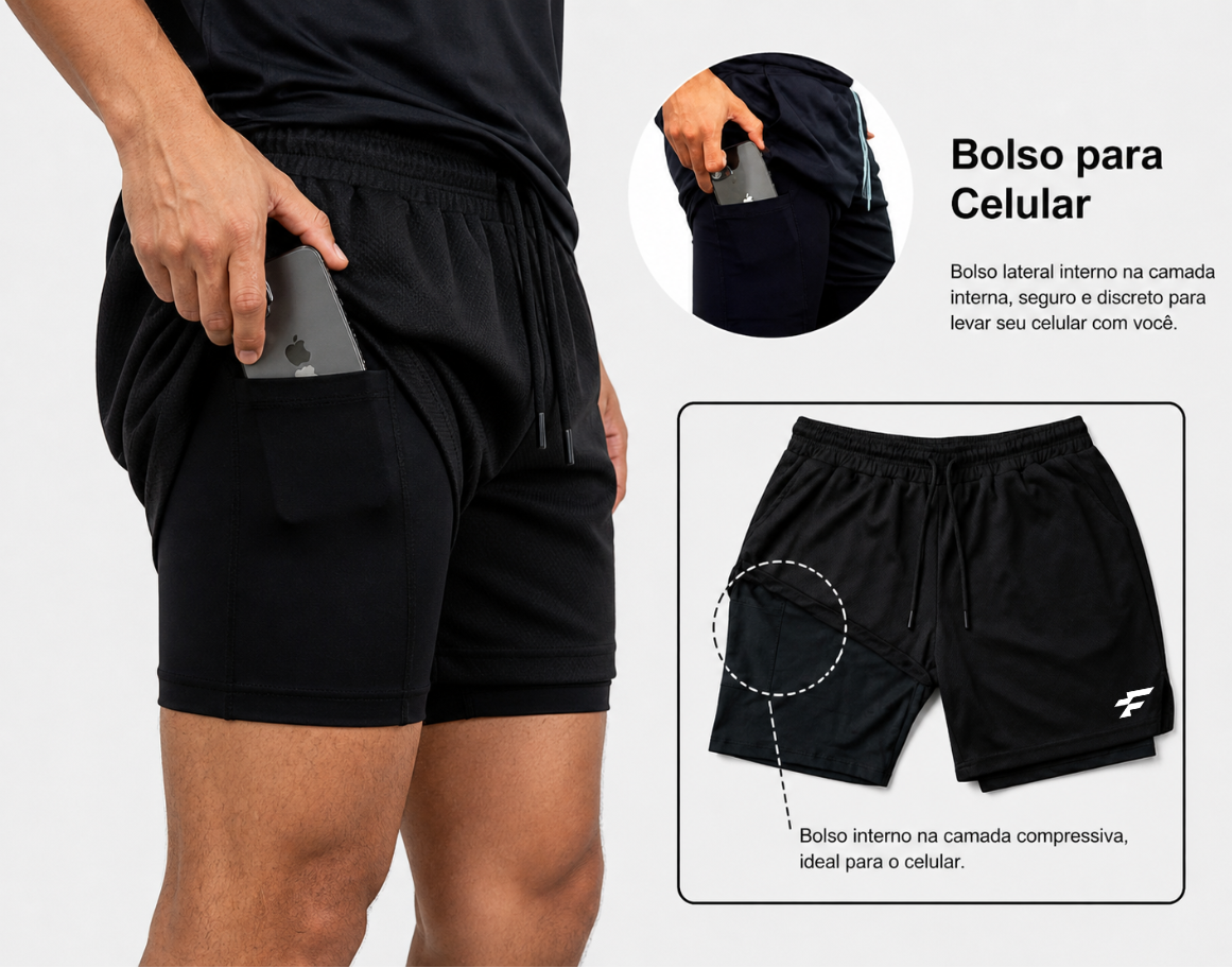 Kit 3 Bermudas 2 em 1 Performance